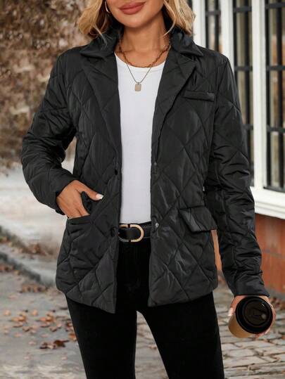 EMERY ROSE Women's Fashionable Versatile Solid Color Jacket, Winter Black Quilted Jacket Cropped Blazer Black Crop Jacket Black Blazer For Women Jacket Y2k