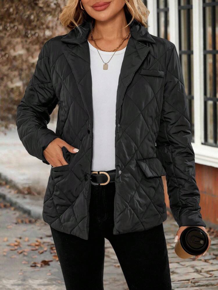 Women's Fashionable Versatile Solid Color Jacket, Winter Black Quilted Jacket Cropped Blazer Black Crop Jacket Black Blazer For Women Jacket Y2k