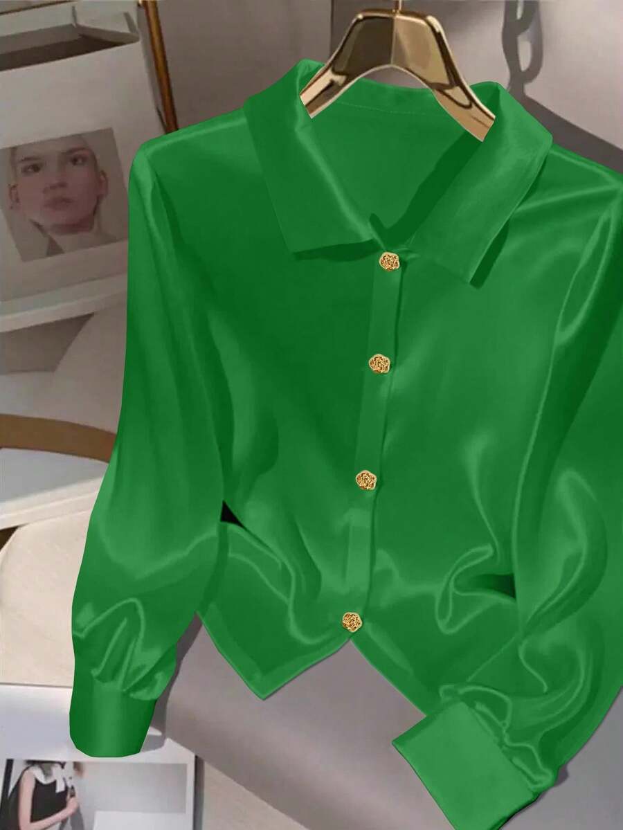 GlowEve Women's Casual Versatile Solid Color Shirt - Green - View 1