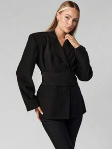 MISSGUIDED Áo khoác vest nữ có thắt lưng, đệm vai có cấu trúc, tay dài, trang phục công sở chuyên nghiệp, trang phục chính thức, ve áo rộng, đệm, dự tiệc tối, thời trang xuân thu - màu đen - Xem 3