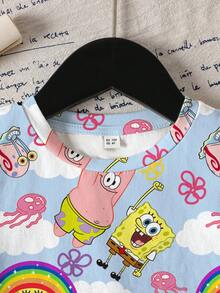 SpongeBob SquarePants | SHEIN Young Girl Cartoon Pattern Round Neck Short Sleeve T-Shirt - White - View 3