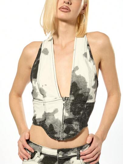 SUMWON WOMEN 漂白酸洗牛仔吊带紧身胸衣上衣节日 Y2K 美学深 V 领修身短款上衣，前拉链开合，做旧西部夏季街头服饰