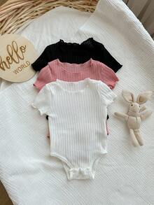 寶寶女孩休閒簡約針織彈性純色短袖連體衣，開口三件套適用於夏季 - 彩色 - 查看 3