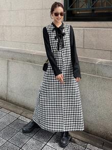 FRIFUL Women's Elegant Plaid Front Tie Sleeveless Loose Long Dress - Black and White - View 6
