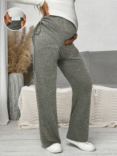 SHEIN Pantalones de maternidad de cintura alta con pliegues, pernera ancha, cintura ajustable y detalle de lazo