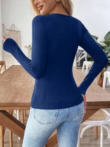 EMERY ROSE Áo thun dài tay bó sát màu đen dành cho nữ, trang phục dự tiệc thanh lịch - Màu xanh hải quân - Xem 2