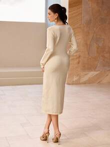 Modelyn 女士时尚优雅系带领长袖修身毛衣裙 - 米色 - 查看 2