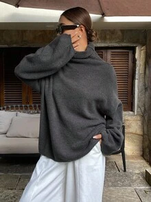 Livesso 女款寬鬆商務休閒高領套頭毛衣，灰色，適合秋冬校園穿著 - 灰色 - 查看 1