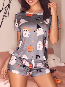 SweetSlumber Conjunto de Pijama Feminino Casual com Estampa Fofa de Fantasma de Halloween, Top de Manga Curta e Shorts - Multicolorido - Visão 6