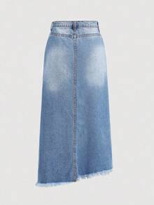 SHEIN Girlism Teen Girl Asymmetrical Waist Blue Denim Long Skirt,Fall Clothes,Winter Clothes , Casual And Fashionable Vacation Outfits