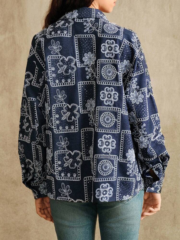 Women's Elegant Vintage Romantic Modern Casual Floral Dual-Tone 3D Cord Beaded Embroidered Lapel Front Pocket Drop Shoulder Long Sleeve Full Zip Blue Regular Jacket, Suitable For New Year, Autumn, Fall, Winter, Going Out, Elegant, Formal, Party, Chic