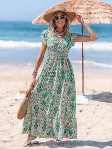 Sylviya 女士休闲抽象印花长袖连衣裙，秋冬季基本日常装 - 彩色 - 查看 4