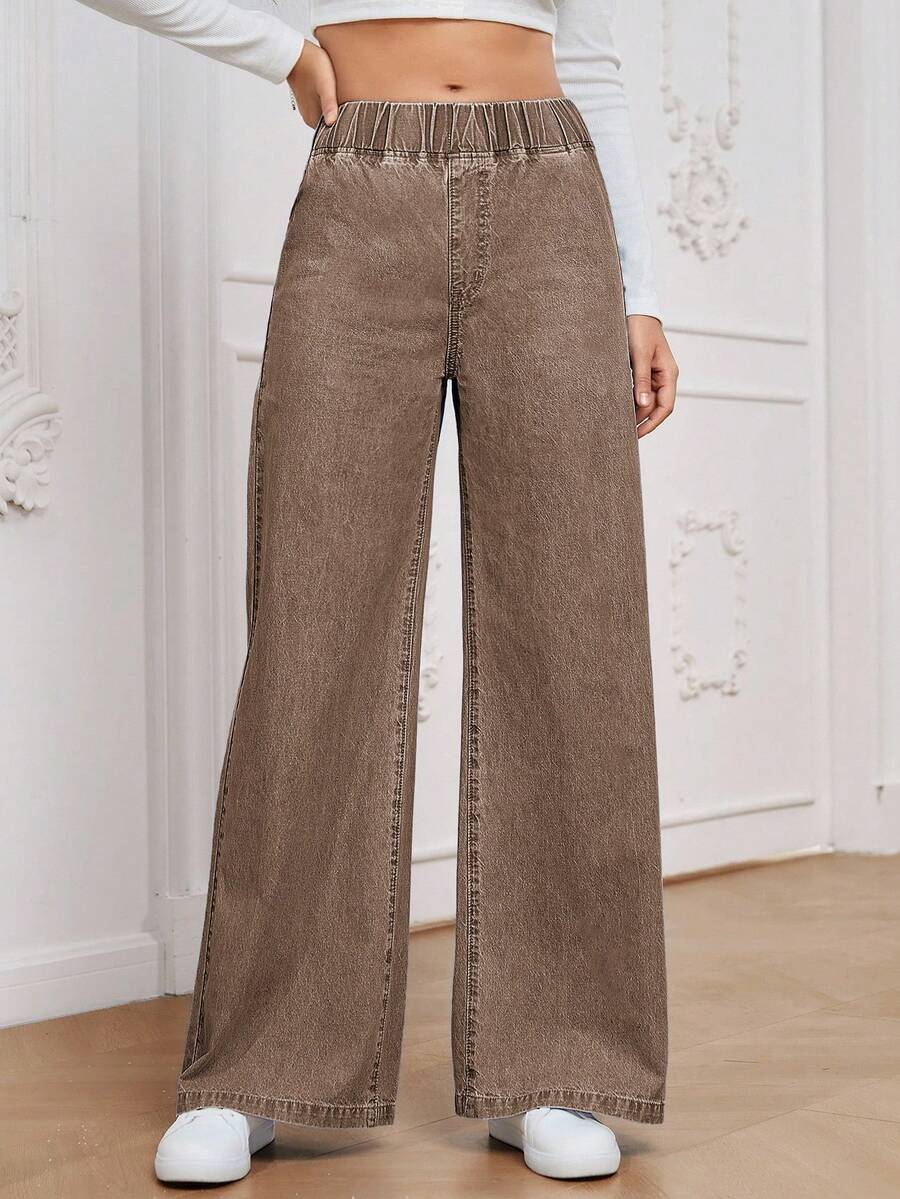 SHEIN PETITE Women's Casual Everyday Commute Fashion Street Elastic Waist Loose Wide Leg Jeans - Coffee Brown - View 1