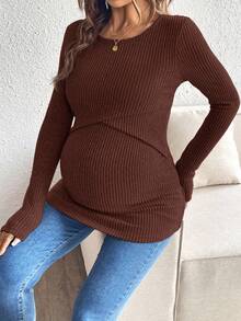 SHEIN Maternity Nursing Casual Solid Color Round Neck Fitted Long Sleeve T-Shirt, Autumn Pregnant Long Sleeve Maternity Top Fall - Coffee Brown - View 4