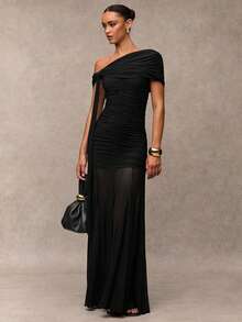 SHEIN BAE 女士优雅不对称领口扭结褶皱修身网纱拼接连衣裙，夏季婚礼宾客礼服 - 黑色 - 查看 7