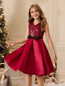 Abito elegante da ragazza con paillettes senza maniche, adatto per Natale, vestito da damigella per matrimonio, festa di compleanno, celebrazione festiva, esibizione - Rosso - Visualizzare 6