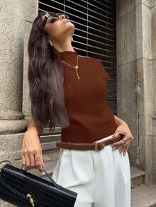 Melissa Matos Elegant High Neck Loose Casual Versatile Sleeveless Knit Sweater Vest,Brown Sweater,Brown Top - Brown - View 10