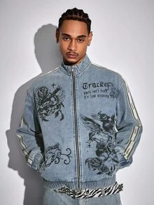 ROMWE MEN Street Life 男士落肩撞色条纹立领拉链时尚百搭创意玫瑰图案牛仔夹克 - 藍色 - 查看 5