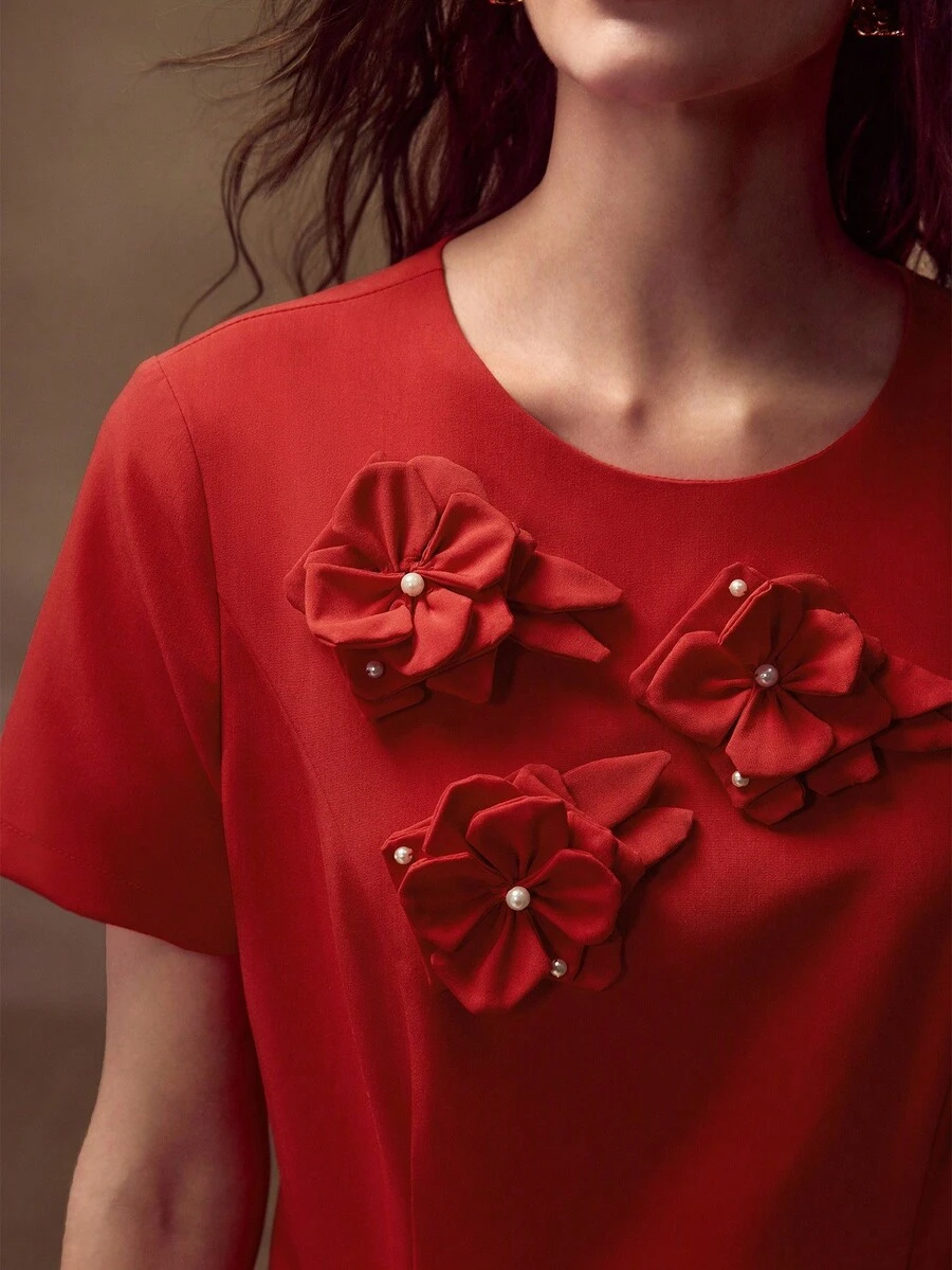 MOTF PREMIUM 3D PEARL FLOWER ELEGANT CASUAL SHORT DRESS FOR WOMEN