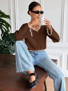 Serisse Women's V-Neck Contrast Trim Casual Pullover Sweater In Fall/Winter,Brown Sweater,Brown Top - Brown - View 5