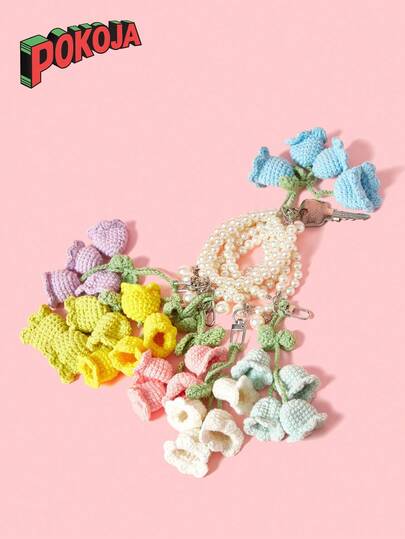 1PC  Lily Of The Valley Keychain 4 Flowers Pearl Chain Crochet Bag Charm Korean Style Ins Aesthetic Cute Handmade Gift Spring Summer Accessory Unique