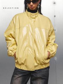 LYSMO SELECTION 2025 New Arrive Minimalism Fall Women's Butter Yellow Solid Color Drop Shoulder Long Sleeve Zipper Front PU Leather Casual Bomber Jacket Women For Going Out Outfits, Graduation, Grunge And Punk Chic, Vintage Chic Back To School, Homecoming, 2000s Style, Y2K Clothes Women, Streetwear