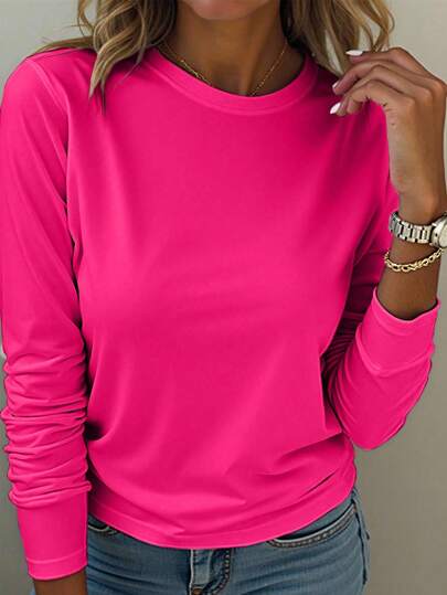 EMERY ROSE A Large-Sized Rose-Red Round-Neck Long-Sleeved T-Shirt, Comfortable And Versatile