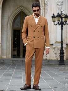 Manfinity Bizformal Completo da uomo composto da giacca doppiopetto a maniche lunghe con collo a revers e pantaloni, in tinta unita, per l'ufficio