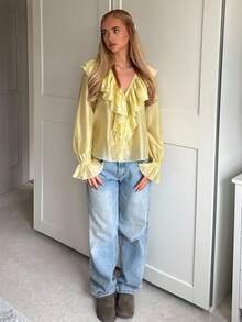 CovetEZ Women's Autumn And Winter Goose Yellow Solid Color Ruffled V-Neck Long-Sleeved Romantic Yellow Shirt Yellow Top Ruffled Top With Straps Romantic Long-Sleeved Ruffled Casual Fashion Shirt