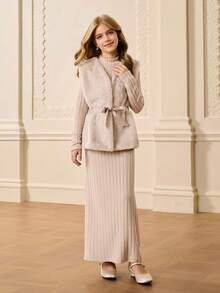 Girls Casual Minimalist Turtleneck Long Sleeve Solid Color Textured Fitted Maxi Dress With V-Neck Furry Vest And Matching Belt Set, Autumn/Winter - Apricot - View 5