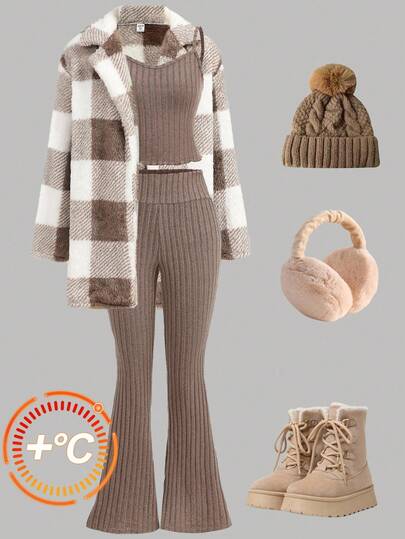 SHEIN Girlism 少女格子仿皮草夹克搭配罗纹针织吊带背心和喇叭裤套装，休闲风格，冬季服装，秋季服装，Y2K 服装