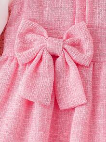 Baby Girl Frill Mock Neck Puff Sleeve White Shirt And Sleeveless Dress With Oversized Bow Decor Set, Elegant Casual Fashion Outfit Fall Winter - Multicolor - View 9