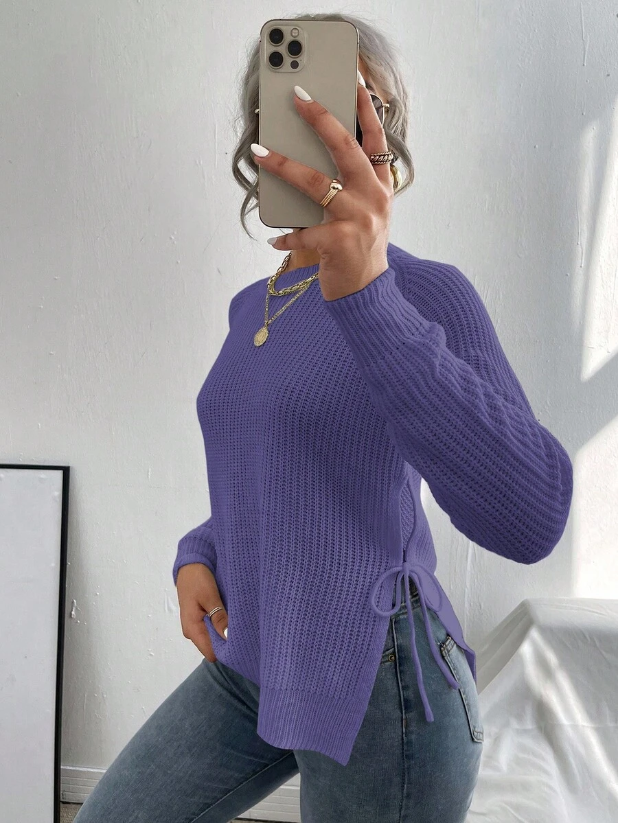 EMERY ROSE Casual Solid Color Side Slit Lace-Up Sweater - Purple - View 1