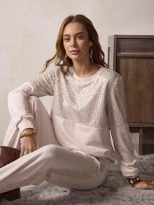 LanaWest Western Style Sequin Patchwork Women 2 Pieces Set - Apricot - View 6