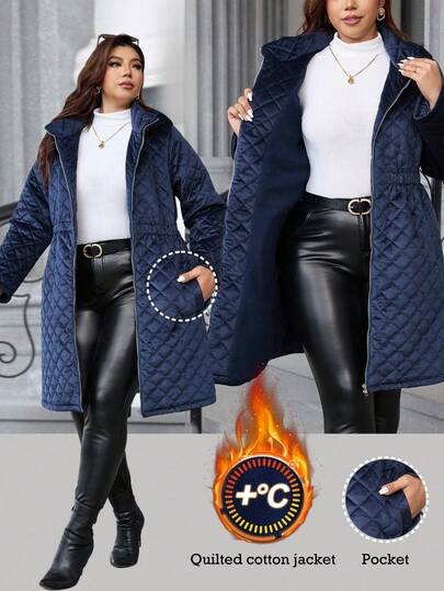 SHEIN Clasi Curve 大码女式藏蓝色优雅日常高品质天鹅绒绗缝加厚内衬毛绒面料长袖拉链休闲连帽冬季外套，防寒保暖，Curve 大码女式藏蓝色优雅日常高品质天鹅绒绗缝加厚内衬毛绒面料长袖拉链休闲连帽冬季外套，防寒保暖，保暖内衬，舒适保暖，冬季外套