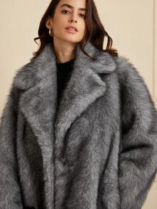GENKIRA Chic Faux Fur Collar Long Jacket, Sophisticated Design, Minimalist & Elegant, Oversized, Women Outerwear - Dark Grey - View 2