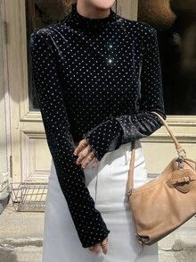 FRIFUL 女式天鹅绒亮面高领紧身休闲T恤长袖上衣 - 黑色 - 查看 5