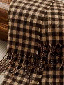 Cirelle 1 件小方形格纹编织沙发毯，休闲风格涤纶矩形流苏毯，适合午睡或日常办公室使用 - 棕色 - 查看 2