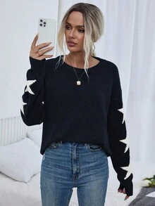 EMERY ROSE Women's Casual Everyday Commute Street Fashion Star Pattern Dropped Shoulder Loose Pullover Sweater, Autumn/Winter - Navy Blue - View 3