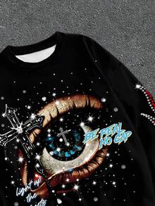 Manfinity Roghcode 男式 ZONE917 短款星空水钻眼睛和火焰图案印花黑色喇叭袖长袖 T 恤，秋季 - 彩色 - 查看 2