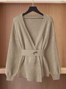 GlowEve Áo khoác cardigan dài tay thanh lịch buộc eo màu trơn dành cho nữ - Màu be - Xem 5