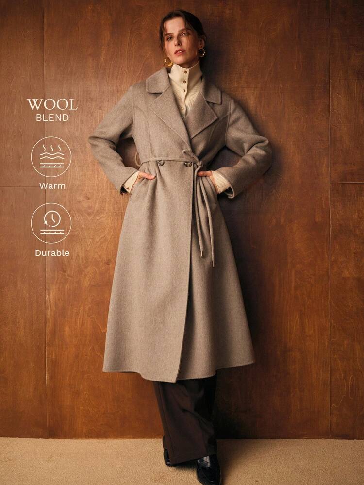 WOOL LAPEL COLLAR DOUBLE BREASTED PLACKET BELTED OVERCOAT FOR AUTUMN & WINTER