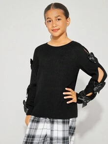 Radiana Tween Girls Casual Round Neck Long Sleeve Hollow Out Bow Sweater, Autumn/Winter - Black - View 3