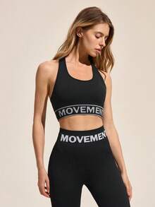 SHEIN Sports Women Letter Knitted Strap Sports Bra For Everyday Workout, Back To School Outfits, Graduation, Back To School, Bras For Daily Wear , Active, Workout, Gym, Padel, Tennis, Pickleball, Boxing - Black - View 3