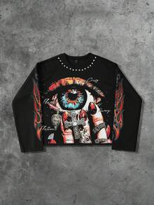 ROMWE MEN Street Life Camiseta de manga corta con estampado gráfico de texto en inglés y ojo, estilo callejero unisex, para primavera/otoño - Negro - Ver 1
