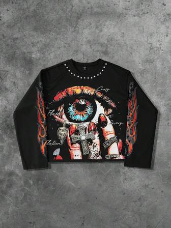 Street Life Unisex Streetstyle T-Shirt mit Augen- und Englischtext-Grafik, Frühling/Herbst