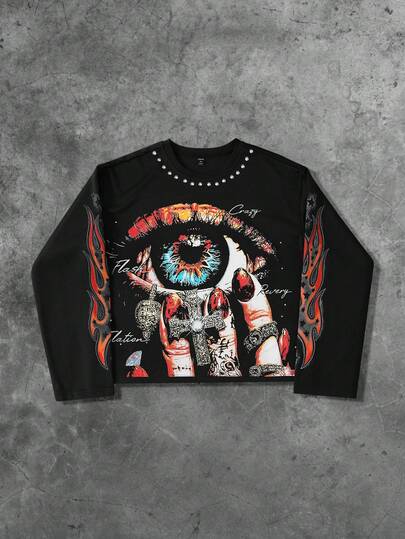 Street Life T-shirt à manches courtes unisexe avec imprimé graphique de texte en anglais et motif oculaire, style de rue, printemps/automne