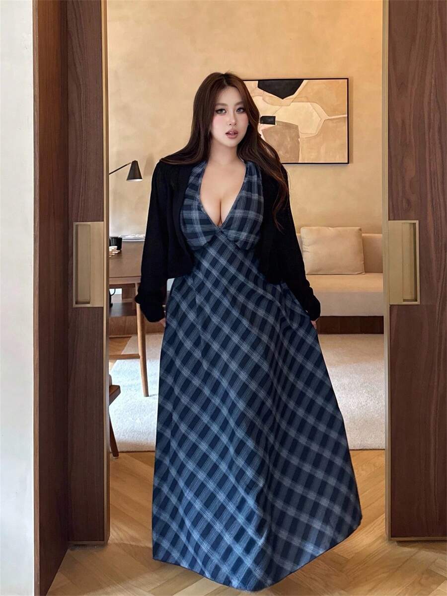 Vibekara Plus Size 2-Piece Set: V-Neck Sleeveless Maxi Dress + Stylish Long Sleeve Cardigan, Plaid Pattern, High-Quality Chic Outfit Low Cut Dress Long Sleeve Long Dress Plaid Dress Women Deep V Dress Plaid Two Piece Set