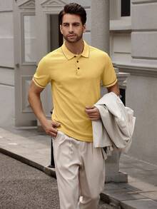 Manfinity Bizformal Men's Solid Color Spliced Front Button Short Sleeve Casual Top, Daily Wear - Yellow - View 3