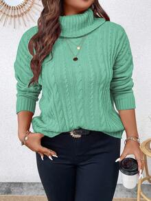 EMERY ROSE Plus Size Women's Casual High Neck Loose Knit Pullover Sweater With Braided Drawstring, Green, Regular - Mint Green - View 3